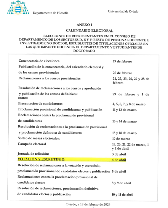 Imagen Convocatoria de elecciones de Representantes en el Consejo de Departamento de los sectores D, E y F: resto de personal docente e investigador no Doctor, estudiantes de titulaciones oficiales y estudiantes de Doctorado